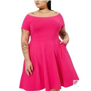 Torrid Roxy Mini Off or On Shoulder Skater Dress 2X Pink Peacock New With Tags